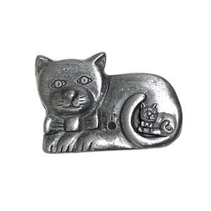 Vintage Silver Pewter Cat Brooch With Kitten Stud Earring Estate 2"
